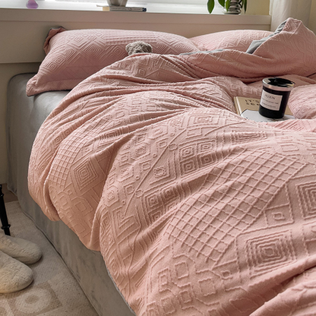 Lenjerie De Pat Cocolino 4 Piese Cu Cearceaf Pat Mare - Gri Si Roz In Relief [20]