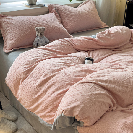 Lenjerie De Pat Cocolino 4 Piese Cu Cearceaf Pat Mare - Gri Si Roz In Relief [16]