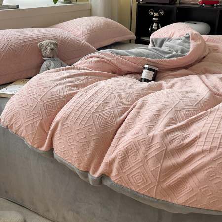 Lenjerie De Pat Cocolino 4 Piese Cu Cearceaf Pat Mare - Gri Si Roz In Relief [21]