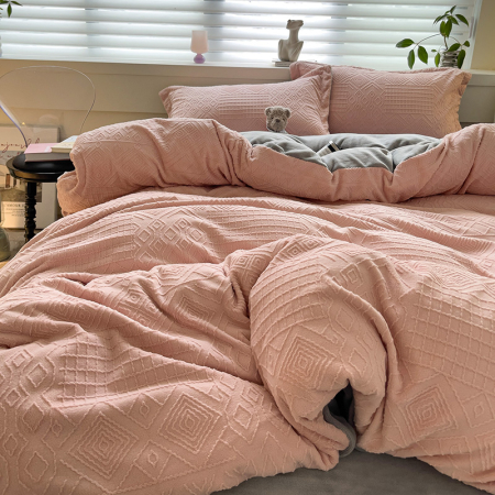 Lenjerie De Pat Cocolino 4 Piese Cu Cearceaf Pat Mare - Gri Si Roz In Relief [8]