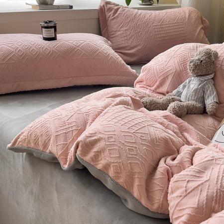 Lenjerie De Pat Cocolino 4 Piese Cu Cearceaf Pat Mare - Gri Si Roz In Relief [14]