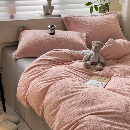 Lenjerie De Pat Cocolino 4 Piese Cu Cearceaf Pat Mare - Gri Si Roz In Relief [19]