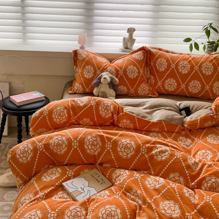 Lenjerie De Pat Cocolino 4 Piese Cu Cearceaf Pat Mare - Portocaliu Cu Trandafiri [3]