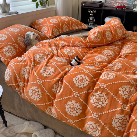 Cearceaf normal 4 piese - Lenjerie De Pat Cocolino 4 Piese Cu Cearceaf Pat Mare - Portocaliu Cu Trandafiri