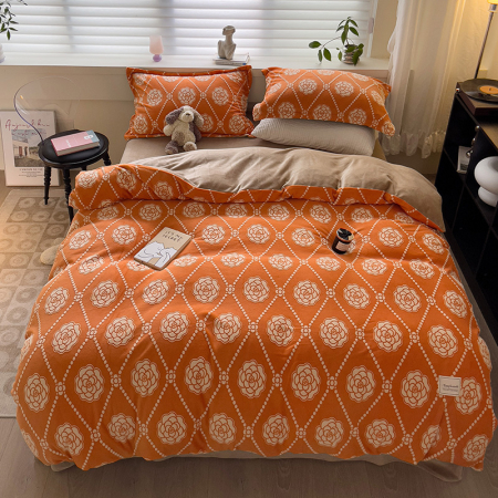 Lenjerie De Pat Cocolino 4 Piese Cu Cearceaf Pat Mare - Portocaliu Cu Trandafiri [8]