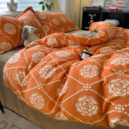 Lenjerie De Pat Cocolino 4 Piese Cu Cearceaf Pat Mare - Portocaliu Cu Trandafiri [13]