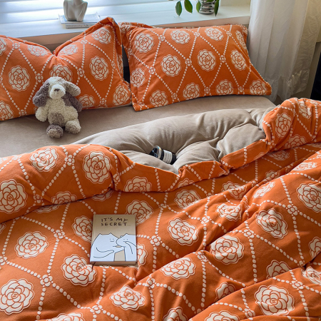 Lenjerie De Pat Cocolino 4 Piese Cu Cearceaf Pat Mare - Portocaliu Cu Trandafiri [10]
