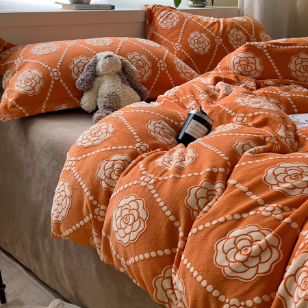 Lenjerie De Pat Cocolino 4 Piese Cu Cearceaf Pat Mare - Portocaliu Cu Trandafiri [17]