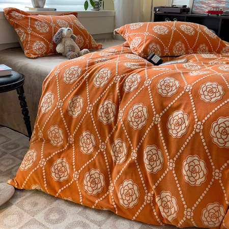 Lenjerie De Pat Cocolino 4 Piese Cu Cearceaf Pat Mare - Portocaliu Cu Trandafiri [7]