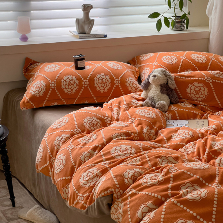 Lenjerie De Pat Cocolino 4 Piese Cu Cearceaf Pat Mare - Portocaliu Cu Trandafiri [18]