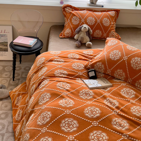 Lenjerie De Pat Cocolino 4 Piese Cu Cearceaf Pat Mare - Portocaliu Cu Trandafiri [24]
