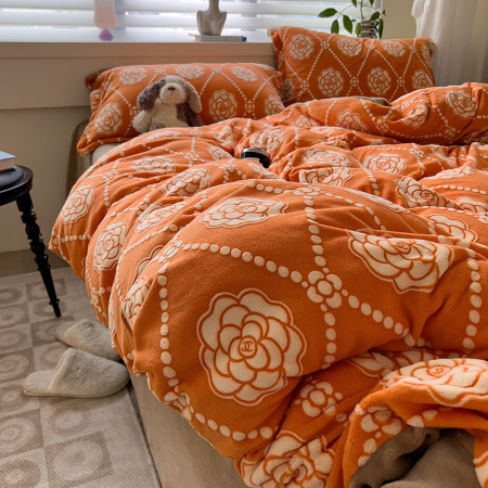 Lenjerie De Pat Cocolino 4 Piese Cu Cearceaf Pat Mare - Portocaliu Cu Trandafiri [19]