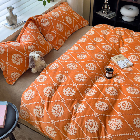 Lenjerie De Pat Cocolino 4 Piese Cu Cearceaf Pat Mare - Portocaliu Cu Trandafiri [11]