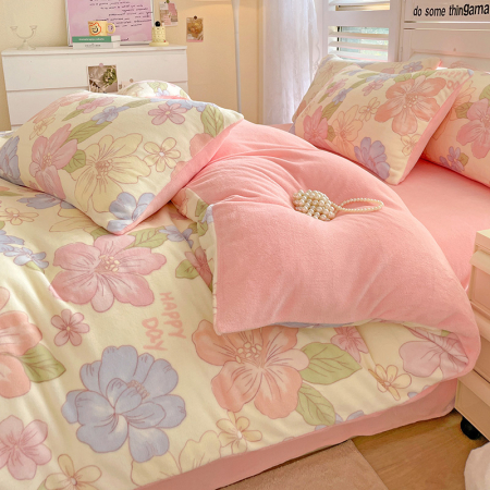 Lenjerie De Pat Cocolino 4 Piese Cu Cearceaf Pat Mare - Roz Cu Flori Pastel [7]