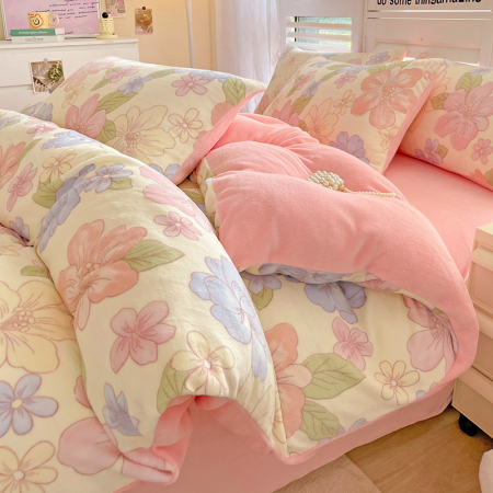 Lenjerie De Pat Cocolino 4 Piese Cu Cearceaf Pat Mare - Roz Cu Flori Pastel [18]