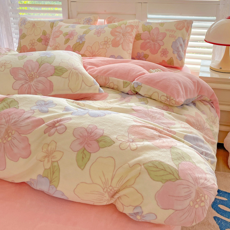 Lenjerie De Pat Cocolino 4 Piese Cu Cearceaf Pat Mare - Roz Cu Flori Pastel [20]