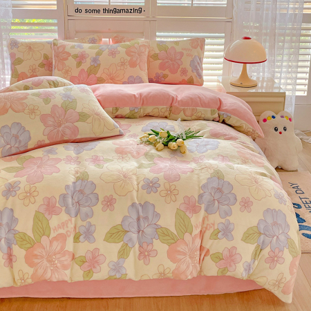 Lenjerii Cocolino - Pat Dublu - Lenjerie De Pat Cocolino 4 Piese Cu Cearceaf Pat Mare - Roz Cu Flori Pastel
