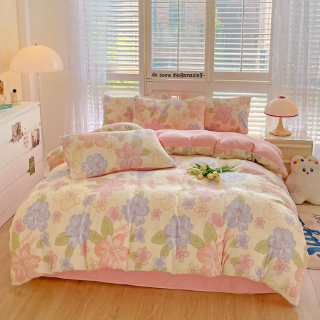 Lenjerie De Pat Cocolino 4 Piese Cu Cearceaf Pat Mare - Roz Cu Flori Pastel [3]