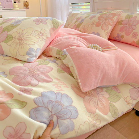 Lenjerie De Pat Cocolino 4 Piese Cu Cearceaf Pat Mare - Roz Cu Flori Pastel [16]