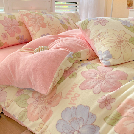 Lenjerie De Pat Cocolino 4 Piese Cu Cearceaf Pat Mare - Roz Cu Flori Pastel [8]
