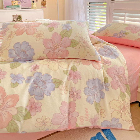 Lenjerie De Pat Cocolino 4 Piese Cu Cearceaf Pat Mare - Roz Cu Flori Pastel [12]