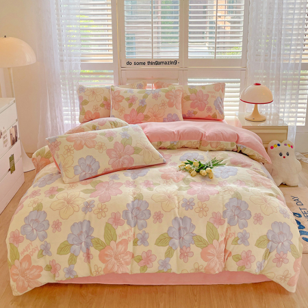 Lenjerie De Pat Cocolino 4 Piese Cu Cearceaf Pat Mare - Roz Cu Flori Pastel [6]