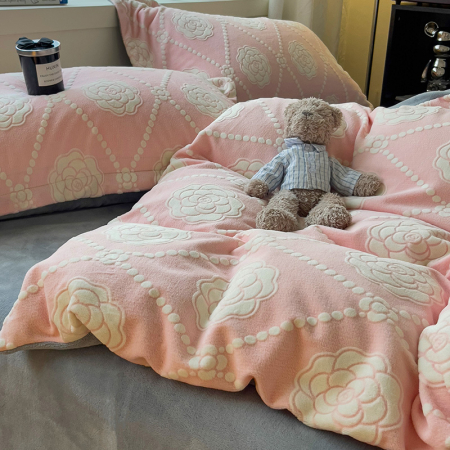 Lenjerie De Pat Cocolino 4 Piese Cu Cearceaf Pat Mare - Roz Cu Trandafiri Albi [17]