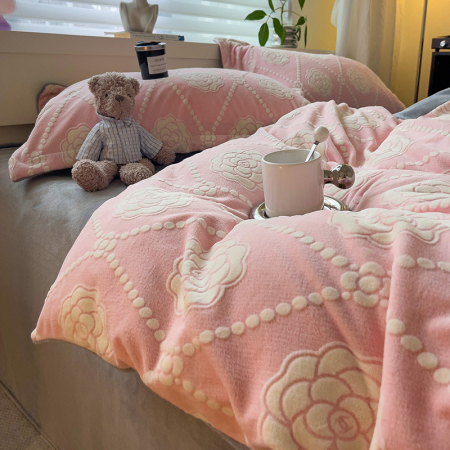 Lenjerie De Pat Cocolino 4 Piese Cu Cearceaf Pat Mare - Roz Cu Trandafiri Albi [18]