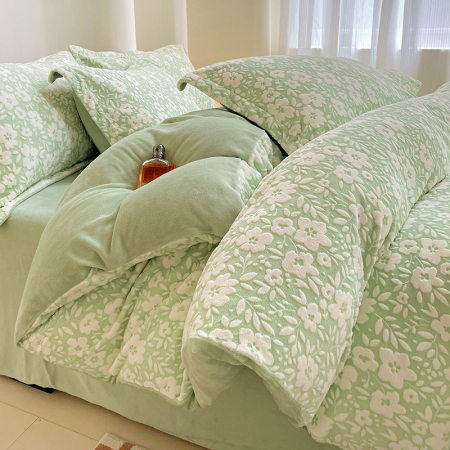 Lenjerie De Pat Cocolino 4 Piese Cu Cearceaf Pat Mare - Verde Menta Cu Flori [14]