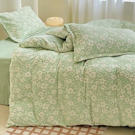 Lenjerie De Pat Cocolino 4 Piese Cu Cearceaf Pat Mare - Verde Menta Cu Flori [15]