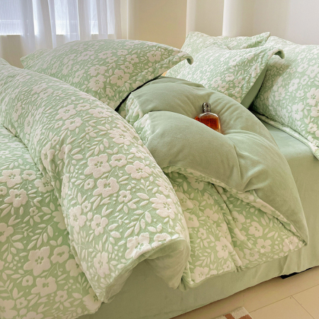 Lenjerie De Pat Cocolino 4 Piese Cu Cearceaf Pat Mare - Verde Menta Cu Flori [12]