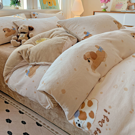 Lenjerie De Pat Cocolino 4 Piese Cu Elastic - Bej Cu Catei [6]