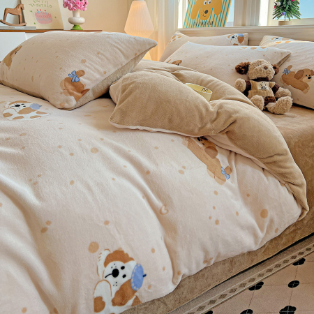 Lenjerie De Pat Cocolino 4 Piese Cu Elastic - Bej Cu Catei [5]