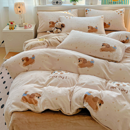 Lenjerie De Pat Cocolino 4 Piese Cu Elastic - Bej Cu Catei [9]