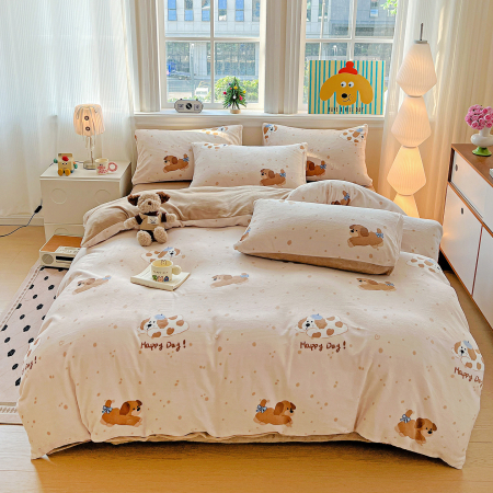 Lenjerie De Pat Cocolino 4 Piese Cu Elastic - Bej Cu Catei [1]