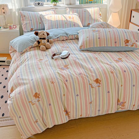 Lenjerie De Pat Cocolino 4 Piese Cu Elastic - Bleu Cu Catei Si Dungi [4]