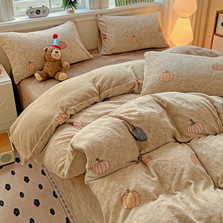 Lenjerie De Pat Cocolino 4 Piese Cu Elastic - Bej Cu Dovleci De Toamna [10]