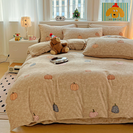 Lenjerie De Pat Cocolino 4 Piese Cu Elastic - Bej Cu Dovleci De Toamna [5]