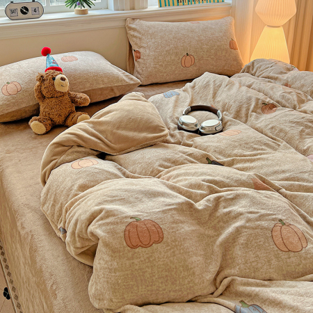 Lenjerie De Pat Cocolino 4 Piese Cu Elastic - Bej Cu Dovleci De Toamna [13]