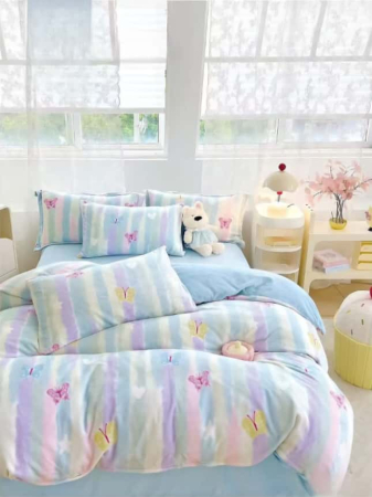 Lenjerii Cocolino - Pat Dublu - Lenjerie De Pat Cocolino 4 Piese Cu Elastic - Bleu Cu Dungi Si Fluturasi