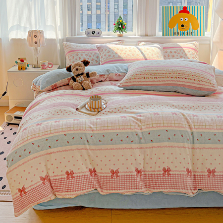 Lenjerie De Pat Cocolino 4 Piese Cu Elastic - Bleu Cu Dungi Si Fundite [5]