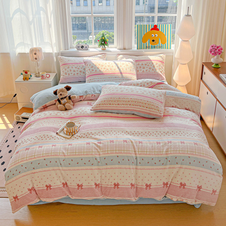 Lenjerie De Pat Cocolino 4 Piese Cu Elastic - Bleu Cu Dungi Si Fundite [1]