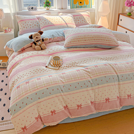 Lenjerie De Pat Cocolino 4 Piese Cu Elastic - Bleu Cu Dungi Si Fundite [4]