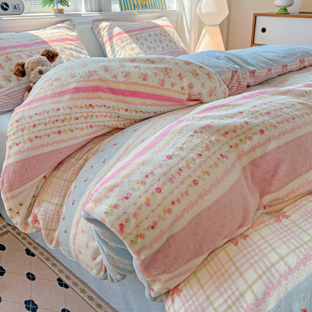 Lenjerie De Pat Cocolino 4 Piese Cu Elastic - Bleu Cu Dungi Si Fundite [9]