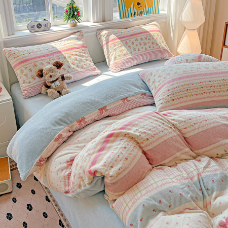 Lenjerie De Pat Cocolino 4 Piese Cu Elastic - Bleu Cu Dungi Si Fundite [8]