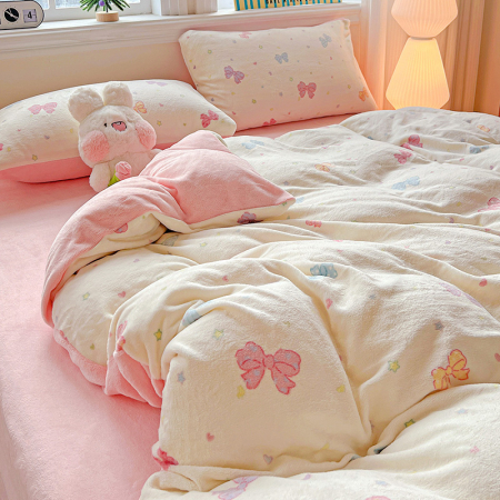 Lenjerie De Pat Cocolino 4 Piese Cu Elastic - Roz Cu Fundite Colorate [11]