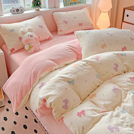 Lenjerie De Pat Cocolino 4 Piese Cu Elastic - Roz Cu Fundite Colorate [3]