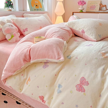 LENJERII DE PAT - Lenjerie De Pat Cocolino 4 Piese Cu Elastic - Roz Cu Fundite Colorate