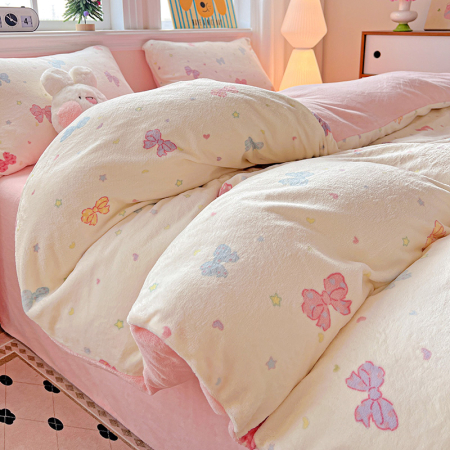 Lenjerie De Pat Cocolino 4 Piese Cu Elastic - Roz Cu Fundite Colorate [9]