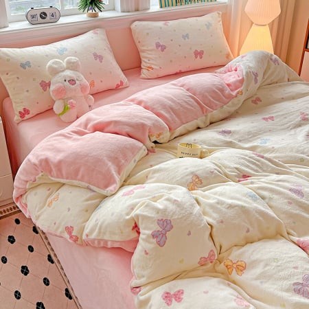 Lenjerie De Pat Cocolino 4 Piese Cu Elastic - Roz Cu Fundite Colorate [10]